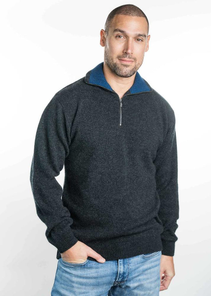 Possum and Merino. TR8007 Zip Collar Jumper - This zip neck jumper has a feature contrast colour on the inside of the collar. Made proudly in New Zealand from a premium blend of 25% possum fur, 65% merino and 10% silk.