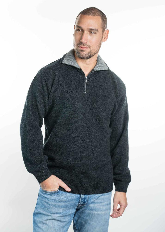 Possum and Merino. TR8007 Zip Collar Jumper - This zip neck jumper has a feature contrast colour on the inside of the collar. Made proudly in New Zealand from a premium blend of 25% possum fur, 65% merino and 10% silk.