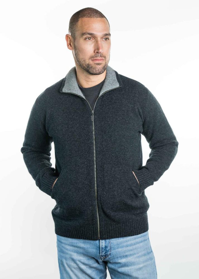 Possum and Merino. TR8008 Zip Jacket With Pockets - A zip through jacket with knitted in pockets and feature a contrast colour on the inside of the collar. Made proudly in New Zealand from a premium blend of 25% possum fur, 65% merino and 10% silk.