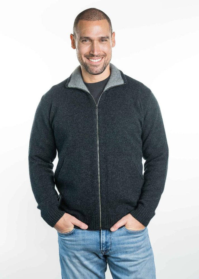 Possum and Merino. TR8008 Zip Jacket With Pockets - A zip through jacket with knitted in pockets and feature a contrast colour on the inside of the collar. Made proudly in New Zealand from a premium blend of 25% possum fur, 65% merino and 10% silk.