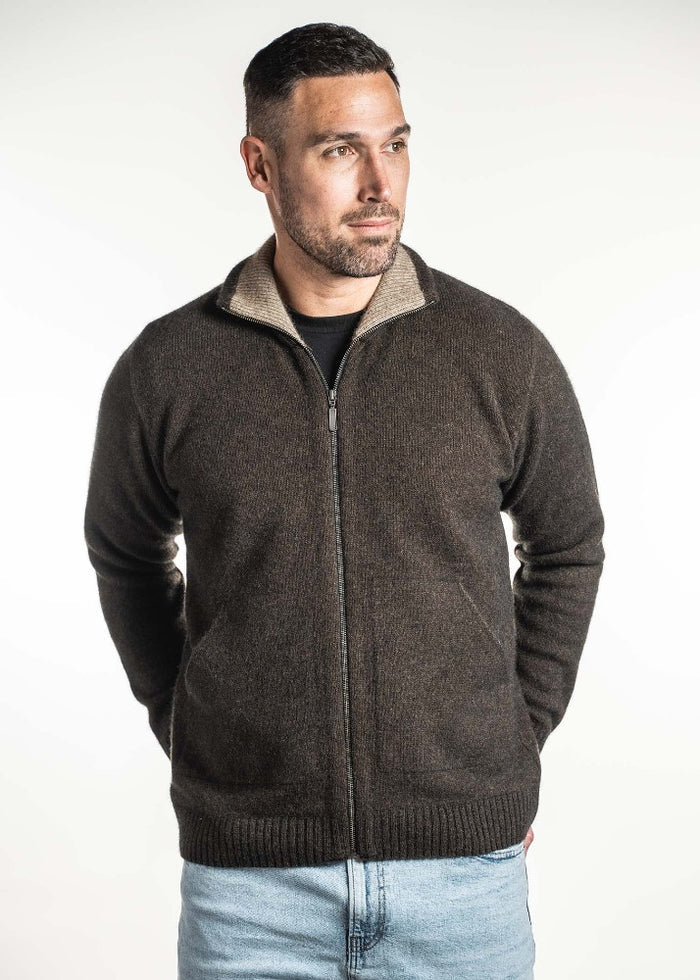 Possum and Merino. TR8008 Zip Jacket With Pockets - A zip through jacket with knitted in pockets and feature a contrast colour on the inside of the collar. Made proudly in New Zealand from a premium blend of 25% possum fur, 65% merino and 10% silk.