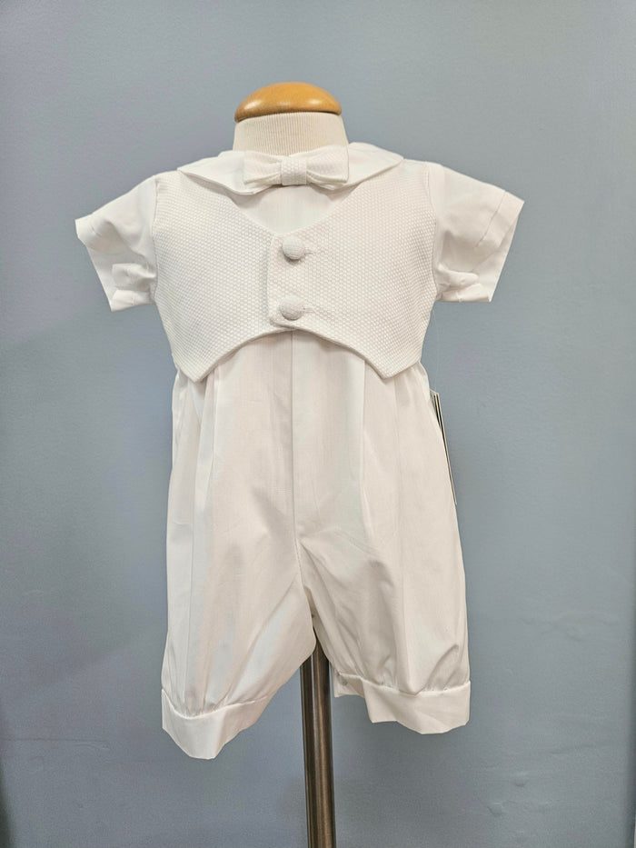 Baby boy outfit with decorative vest and bowtie.
