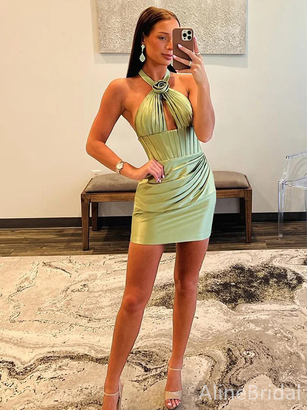 Unique Green Halter Pleated Short Homecoming Dress, HD3227