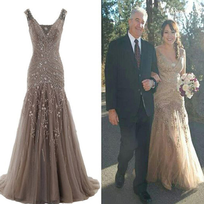 Unique Grey V-neck Sequins Mermaid Wedding Dresses, WD0057