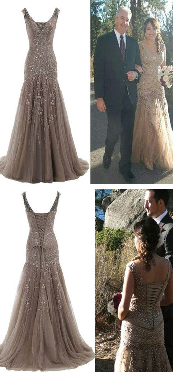 Unique Grey V-neck Sequins Mermaid Wedding Dresses, WD0057