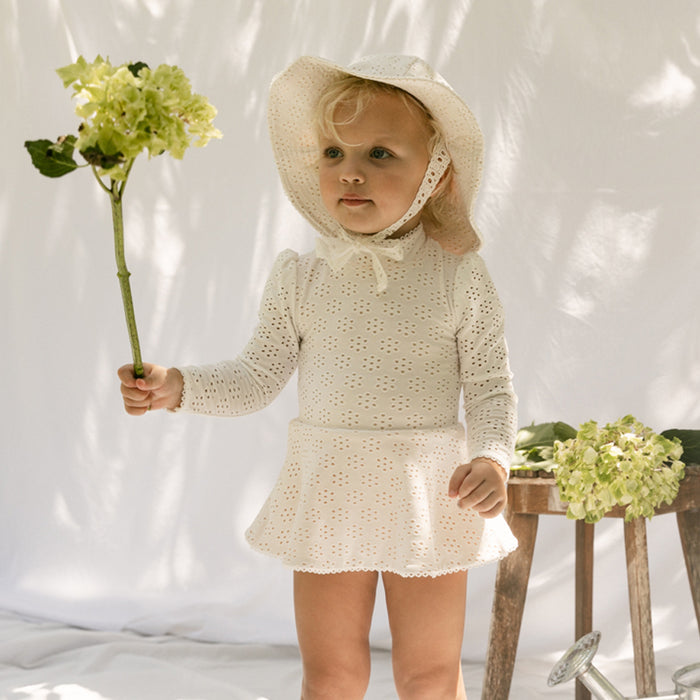 Petit Playa Valentina Long Sleeve Swim Dress in Gardenia print, sun-safe UPF50+ swimwear for babies and girls