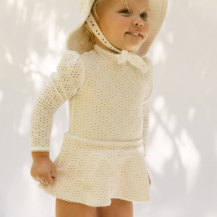 Petit Playa Valentina Long Sleeve Swim Dress in Gardenia print, sun-safe UPF50+ swimwear for babies and girls — image 2