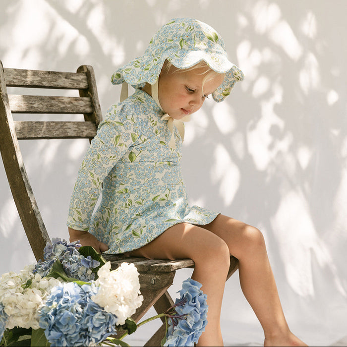 Petit Playa Valentina Long Sleeve Swim Dress in Hydrangea print, sun-safe UPF50+ swimwear for babies and girls