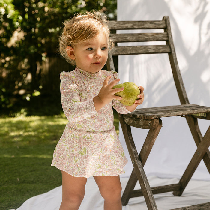 Petit Playa Valentina Long Sleeve Swim Dress in Peony print, sun-safe UPF50+ swimwear for babies and girls