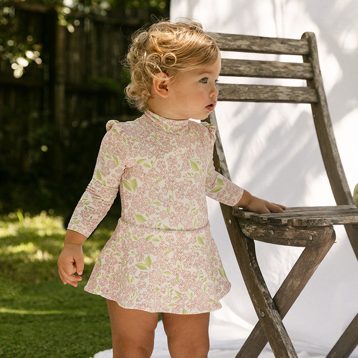 Petit Playa Valentina Long Sleeve Swim Dress in Peony print, sun-safe UPF50+ swimwear for babies and girls — image 3
