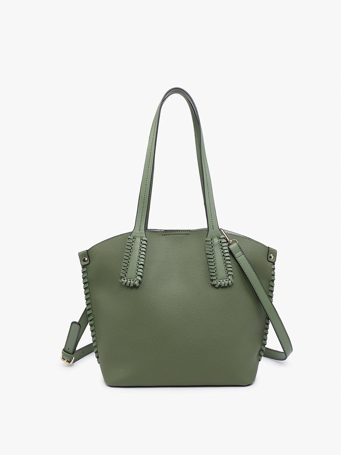 olive green vegan leather whipstitch tote bag