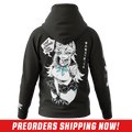 Black hoodie with white hand-drawn hearts on the sleeve and a partial anime-style character on the side.