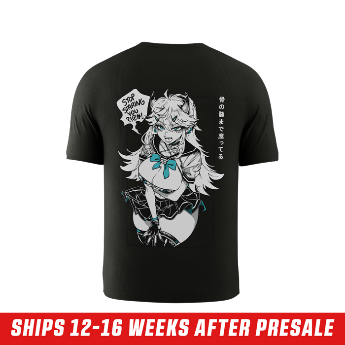 Black short-sleeve shirt with small white logo on chest and anime-style graphic with teal accents on the back.