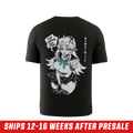 Black short-sleeve shirt with small white logo on chest and anime-style graphic with teal accents on the back.