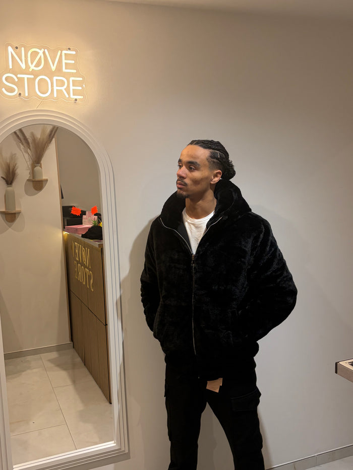 Veste Fausse Fourrure Noire à Capuche