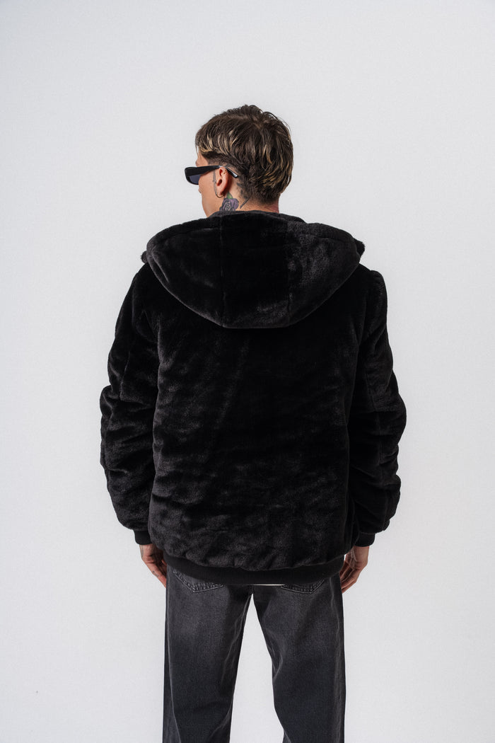 Veste Fausse Fourrure Noire à Capuche