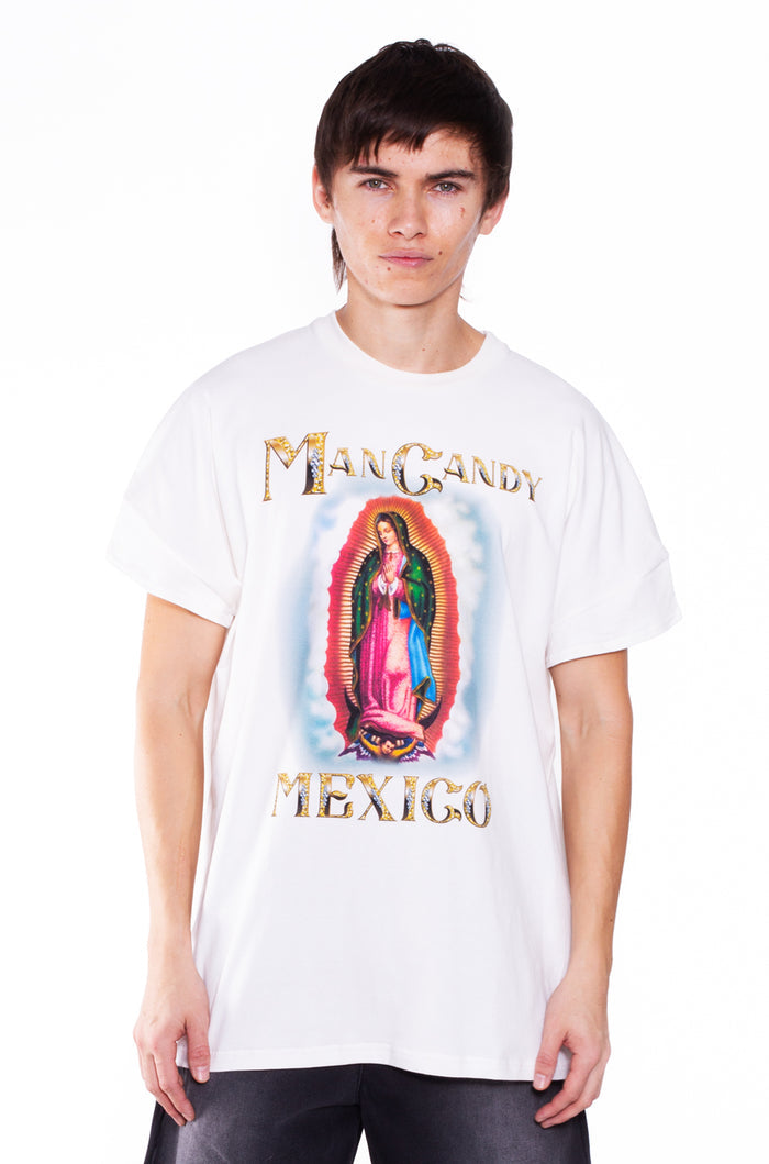 MANCANDY Virgen T-Shirt featuring oversized fit, Virgin artwork and jewelry-inspired MANCANDY Mexico graphics.