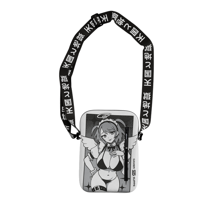 Black and white anime-style maid character with belts and thigh-high stockings on a rectangular crossbody bag.