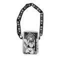 Black and white anime-style maid character with belts and thigh-high stockings on a rectangular crossbody bag.