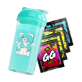 Aqua blue shaker cup with anime girl in bikini graphic alongside four colorful GG Energy drink mix packets.
