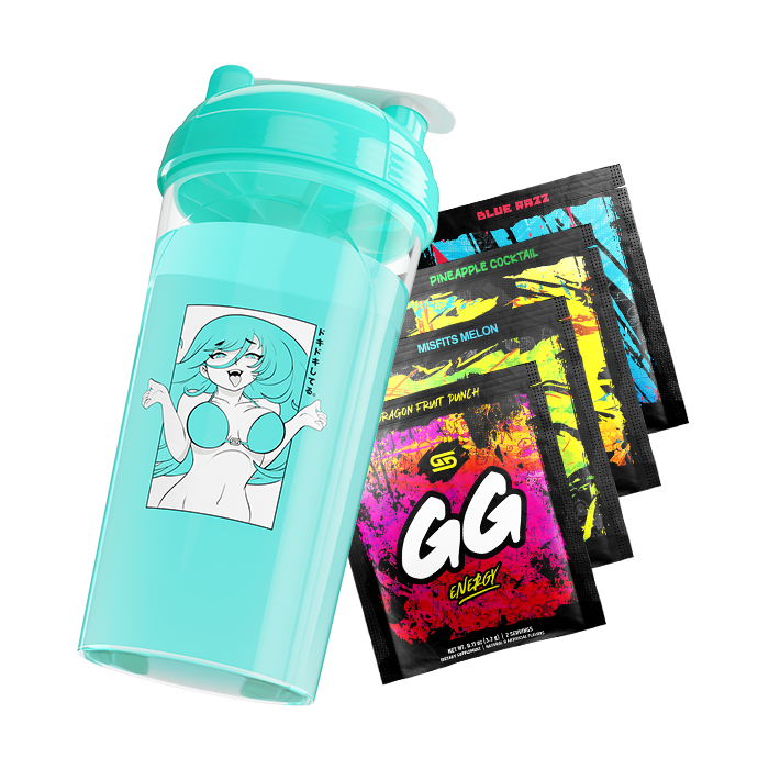 Aqua blue shaker cup with anime girl in bikini graphic alongside four colorful GG Energy drink mix packets.