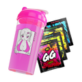 Bright pink shaker cup with anime girl in bikini top and Japanese text, alongside colorful energy drink packets.