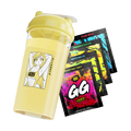 Yellow shaker cup with anime girl in a yellow top and four colorful energy drink packets behind it