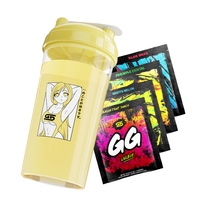Yellow shaker cup with anime girl in a yellow top and four colorful energy drink packets behind it