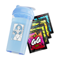Light blue shaker cup with anime girl graphic and four colorful GG Energy powder packets fanned out beside it.