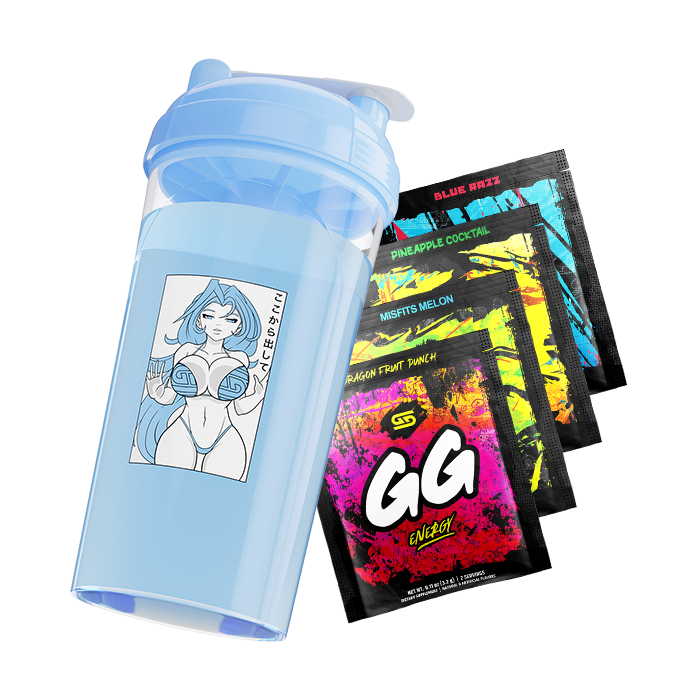 Light blue shaker cup with anime girl graphic and four colorful GG Energy powder packets fanned out beside it.
