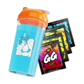 Blue shaker cup with orange lid featuring a blue-haired cat girl in a bikini alongside colorful energy drink packets.