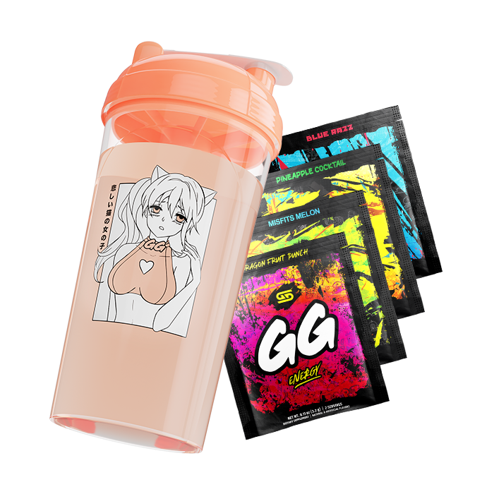 Peach shaker cup with orange lid featuring sad anime girl with cat ears and heart on chest next to colorful energy mix.