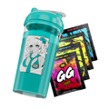 Teal shaker cup with anime girl illustration and four colorful GG Energy drink mix packets fanned out beside it.