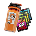Orange and black shaker cup with anime witch girl design next to colorful energy drink powder packets in various flavors.