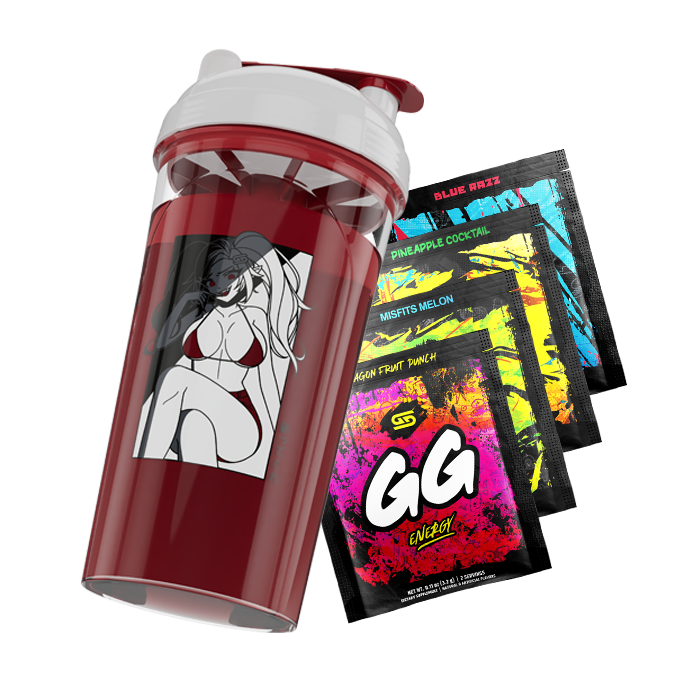 Red and white shaker cup with a black-and-white anime woman in a bikini and five colorful energy drink packets.