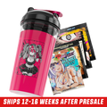 Transparent pink shaker cup with a black lid and a shattered black "ST" logo on the front.