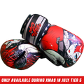 Boxing gloves with red-haired anime character art and black, white, and red wrist straps featuring "Waifu Cups" text.