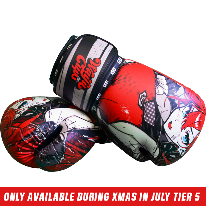 Boxing gloves with red-haired anime character art and black, white, and red wrist straps featuring "Waifu Cups" text.