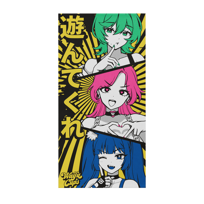 Beach towel featuring three anime-style girls with green, pink, and blue hair on a yellow and gray background.