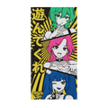 Beach towel featuring three anime-style girls with green, pink, and blue hair on a yellow and gray background.