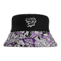Black bucket hat with white "Waifu Cups" text and purple and white anime character collage on the brim and underside.
