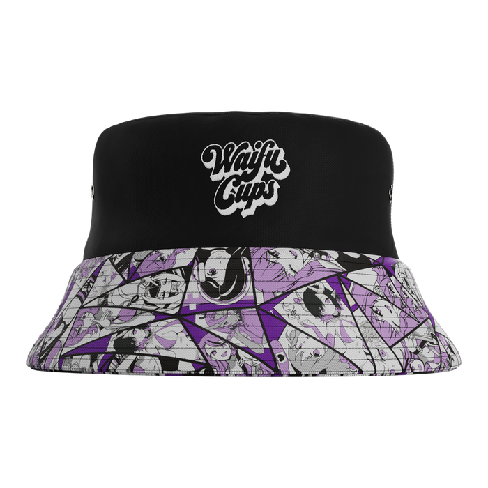 Black bucket hat with white "Waifu Cups" text and purple and white anime character collage on the brim and underside.