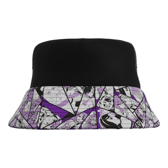 Back of Waifu Cups Season 4 Bucket Hat showing custom printed brim with various designs.