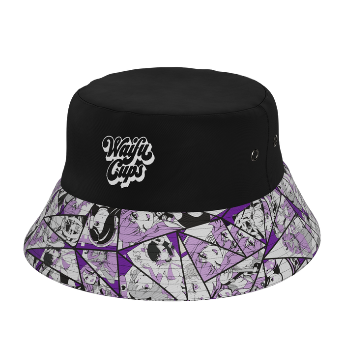 Waifu Cups Bucket Hat showing top of hat and custom waifu cups logo on the front of hat with printed brim showing various designs from Season 4.