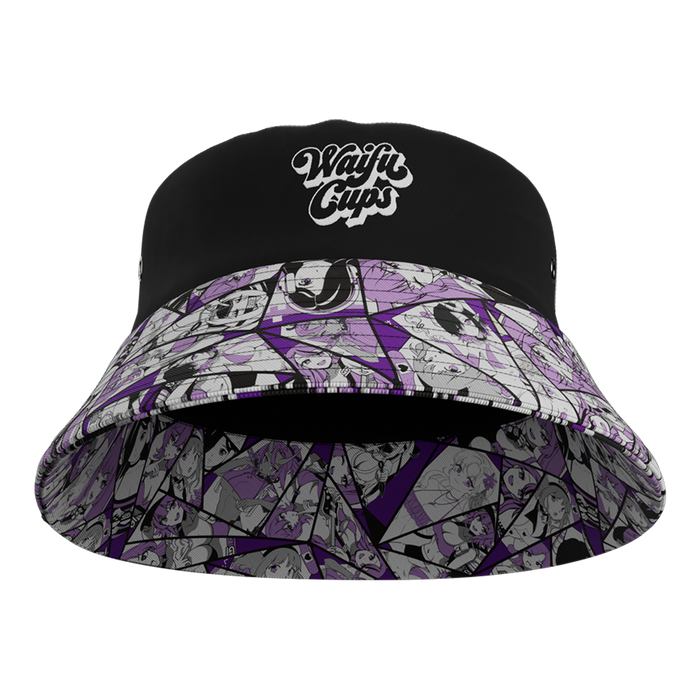 Inside of Bucket Hat showing printed brim and Custom embroidered logo on front of hat