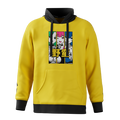 Yellow hoodie with black hood and cuffs featuring three anime girls with green, pink, and blue hair in panels.