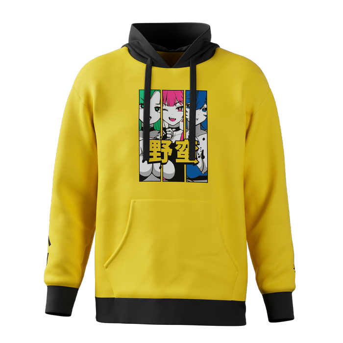 Yellow hoodie with black hood and cuffs featuring three anime girls with green, pink, and blue hair in panels.