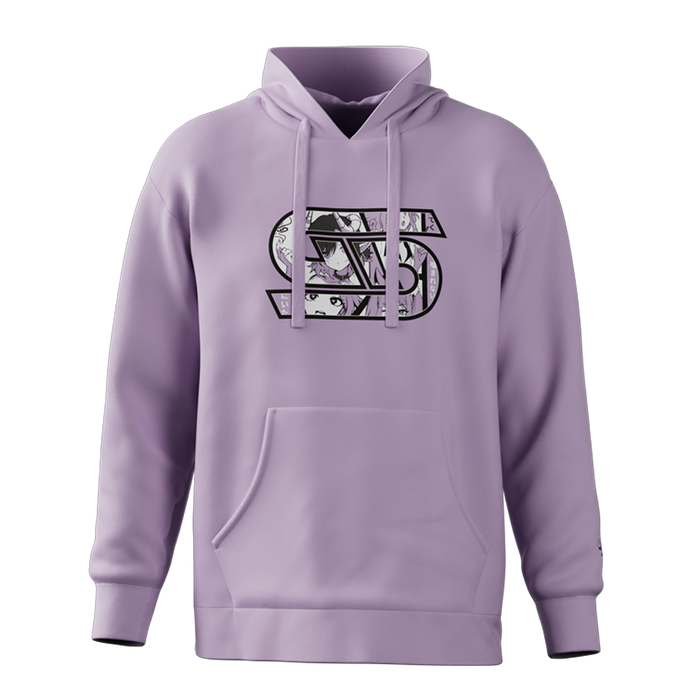 Lilac hoodie with a large black-outlined "WS" logo filled with anime character faces on the chest and a front pouch pocket.