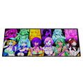 Large rectangular mouse pad with colorful anime-style female characters arranged in a rainbow gradient on a wooden desk.