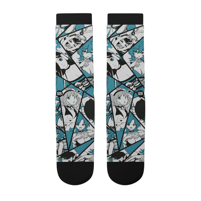 Pink and black anime-style socks with manga panels and Japanese text featuring a female character and smoking details.